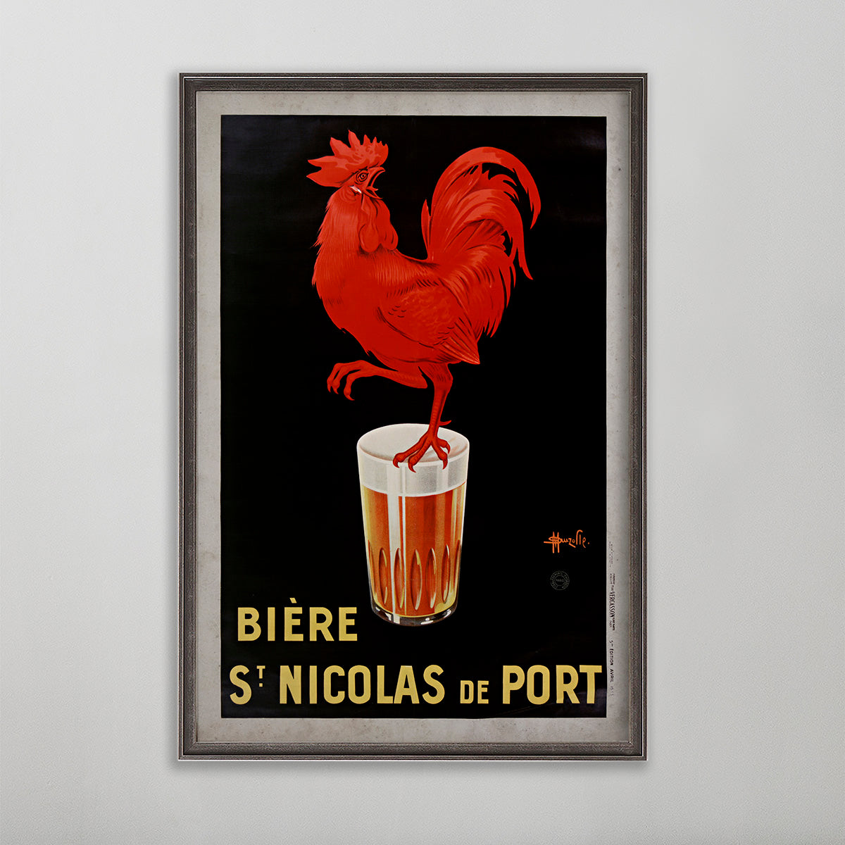 beer poster vintage wall art. red rooster standing on beer glass.