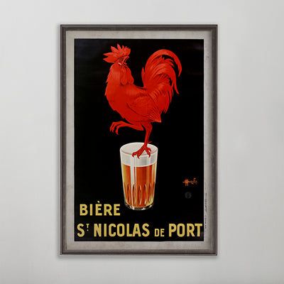 beer poster vintage wall art. red rooster standing on beer glass.