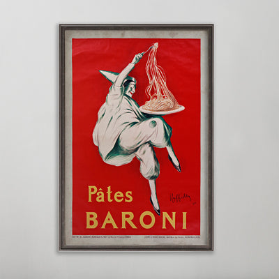 Pâtes Baroni vintage poster wall art by leonetto cappiello. White clown on one leg hold a plate of pasta.
