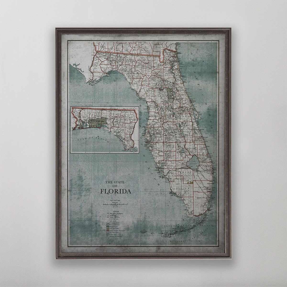 Old vintage historic weathered map of Florida for wall art home decor. 