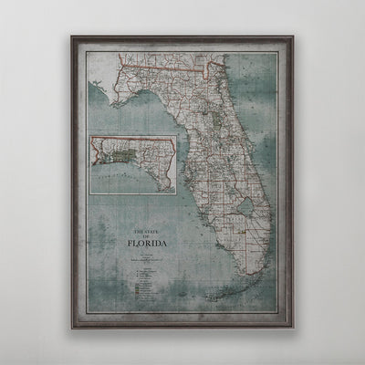 Old vintage historic weathered map of Florida for wall art home decor. 