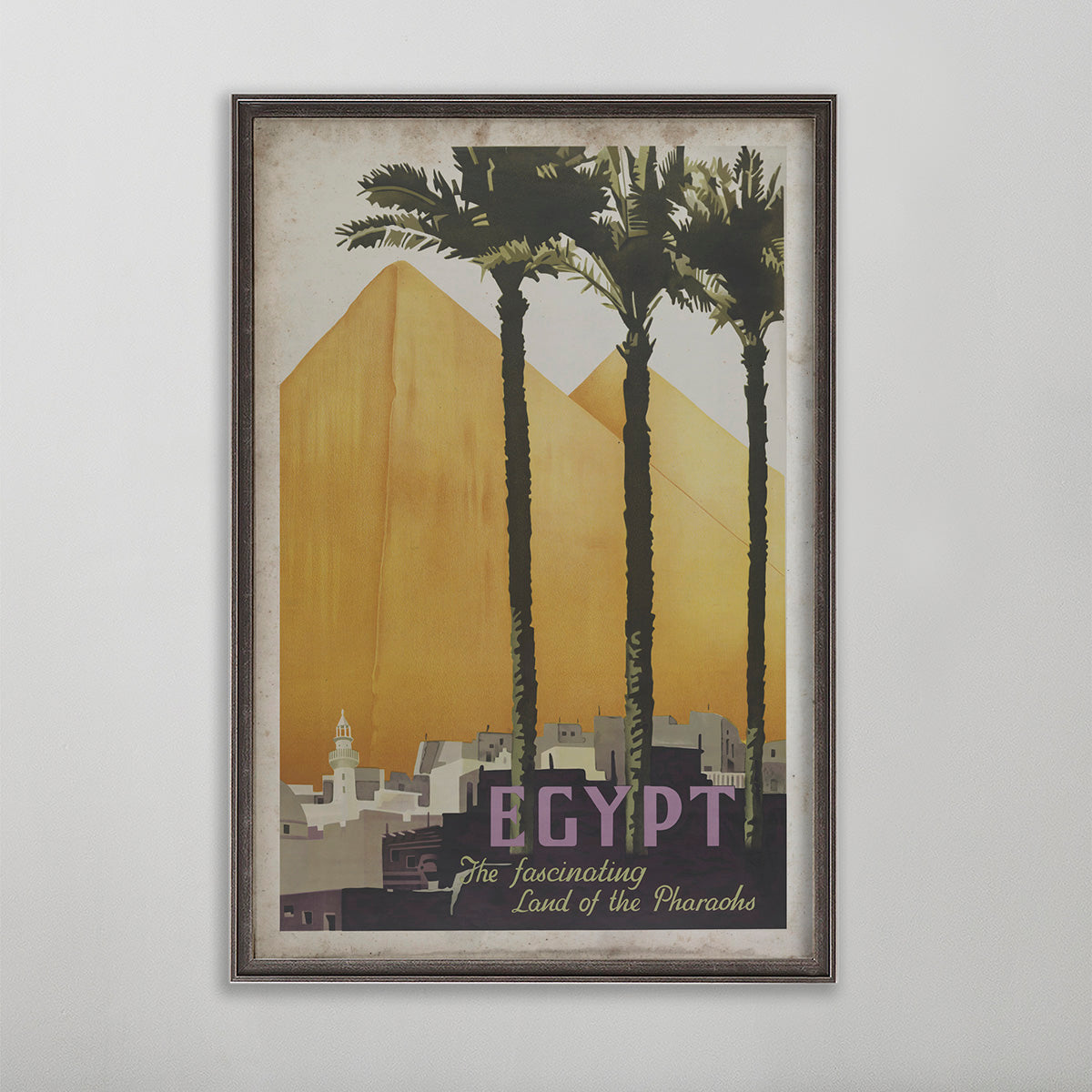 Egypt vintage travel poster. Pyramids with palm trees.