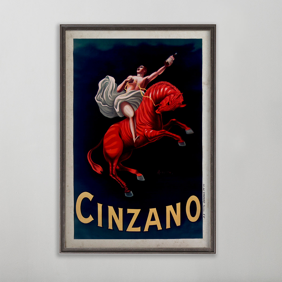 Cinzano Italian vintage poster wall art by leonetto cappiello. Man ride red horse or zebra.