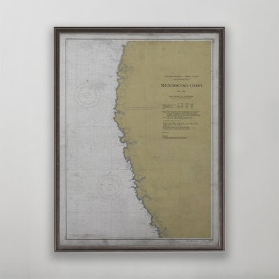 Old vintage historic nautical chart of Mendocino wall art home decor. 