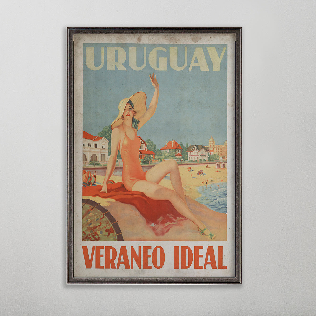 Uruguay vintage travel poster Woman wearing one piece bathing suit sitting on a red towel on the beach.