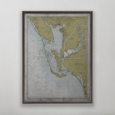 Old vintage historic nautical chart of Lemon Bay, Florida for wall art home decor. 