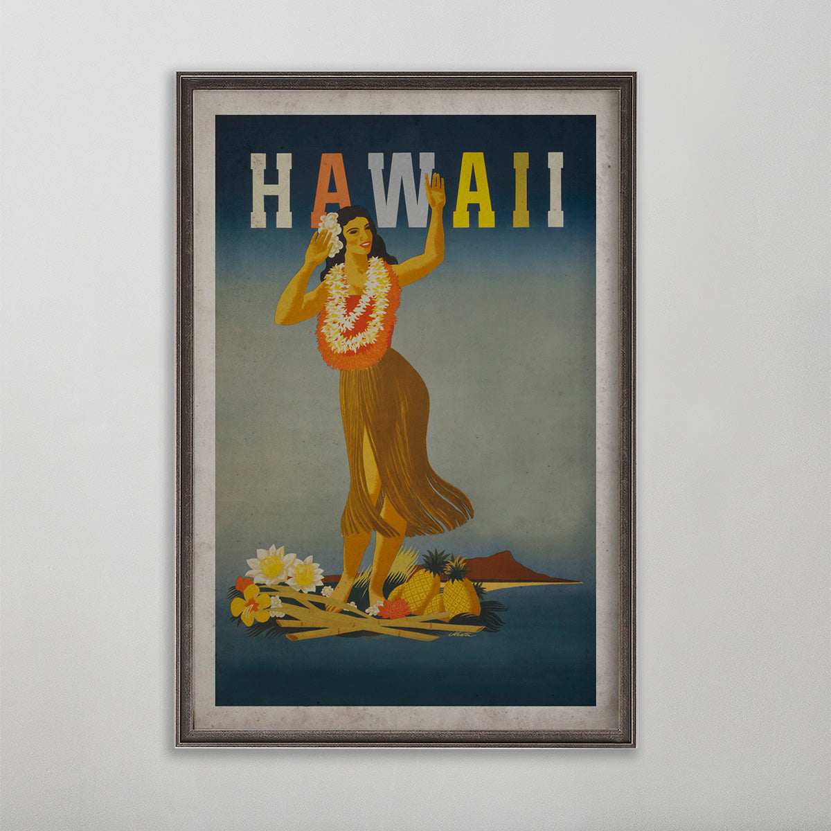 Hawaii vintage travel poster. Hawaiian woman dancing. 