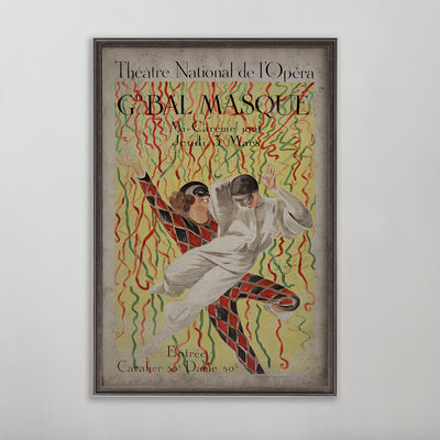 Theatre national de l'Opera vintage poster wall art by leonetto cappiello. Two men wearing  masquerade masks.