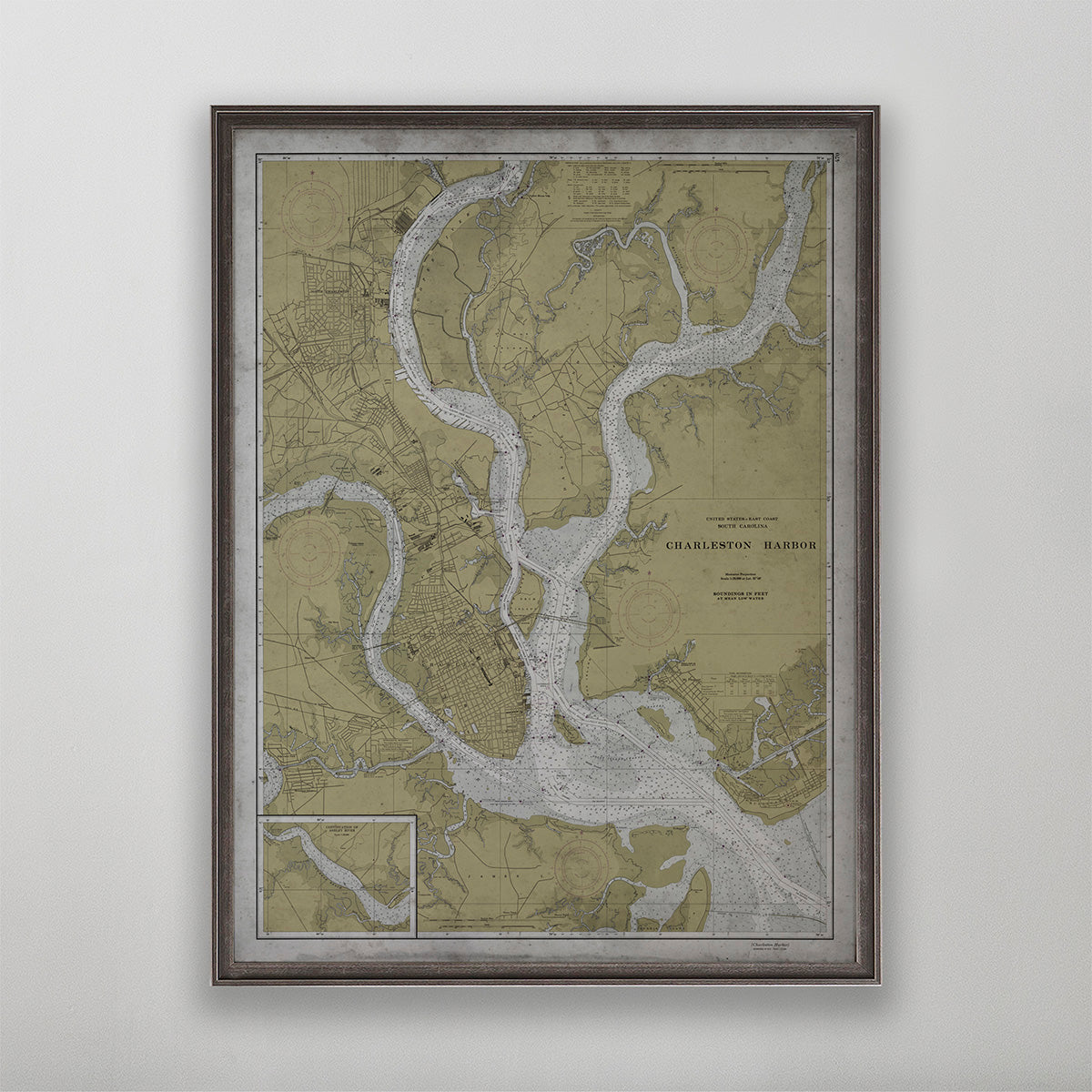 Old vintage historic nautical chart of Charleston Inner Harbor for wall art home decor. 