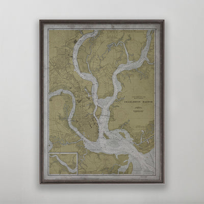 Old vintage historic nautical chart of Charleston Inner Harbor for wall art home decor. 