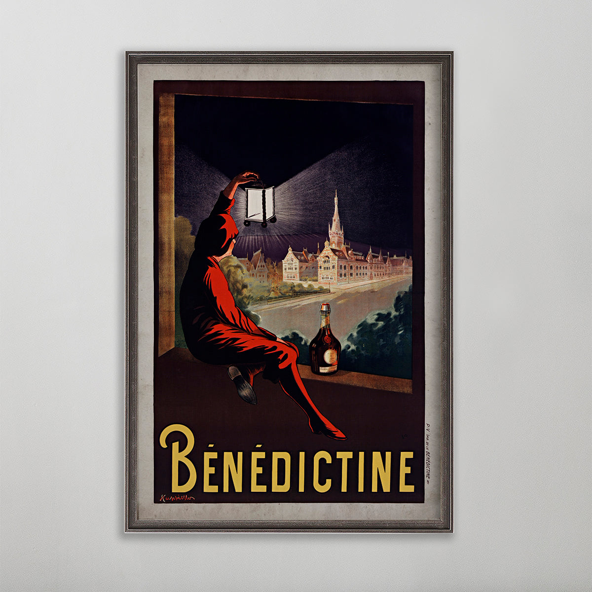 benedictine poster wall art by leonetto cappiello. boy in pajamas holding lantern.