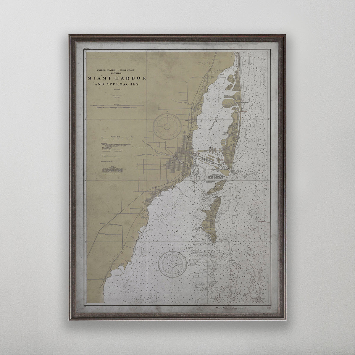 Old vintage historic nautical chart of Miami wall art home decor. 