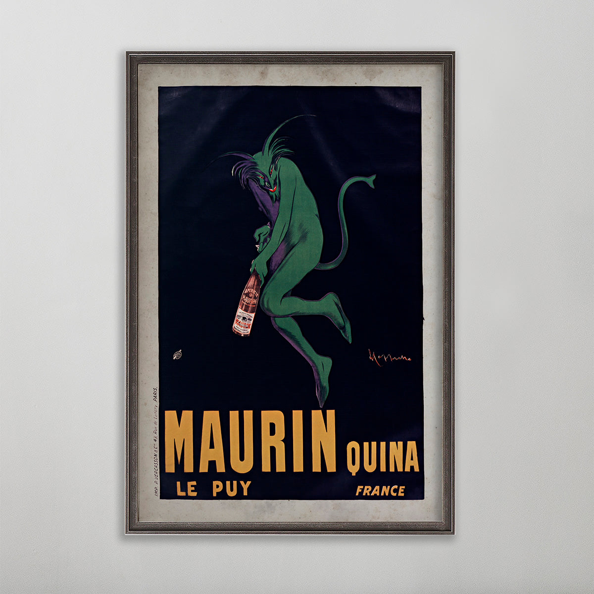 Maurin Quina Le Puy vintage poster wall art by leonetto cappiello. Green devil holding a bottle.