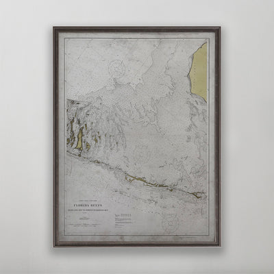 Old vintage historic nautical chart of Florida Reefs for wall art home decor. 
