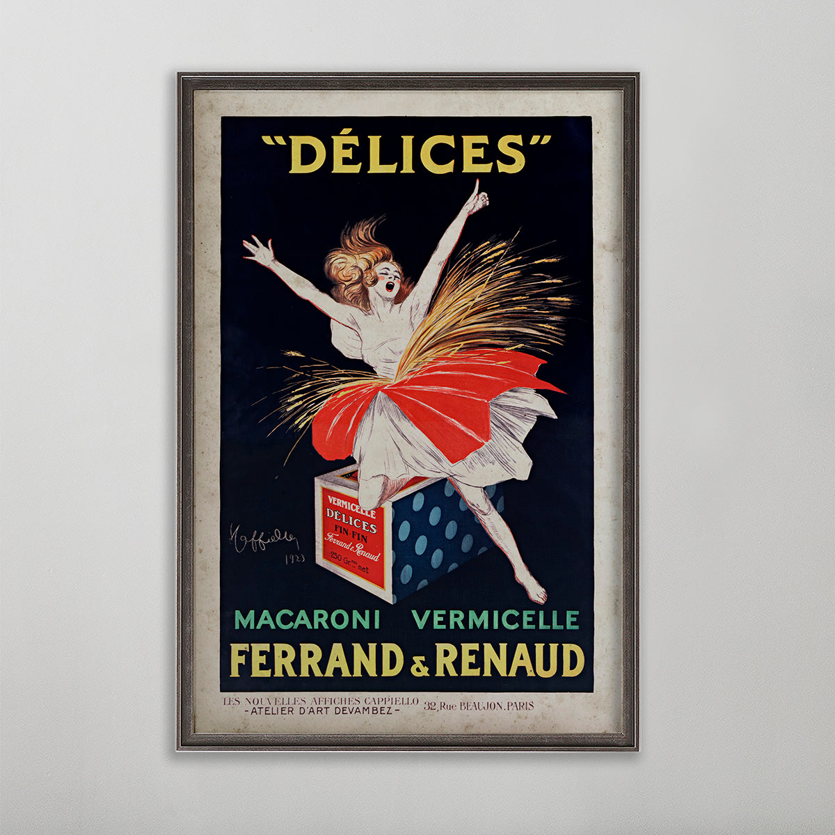 Délices Maceroni Vermicelli vintage poster wall art by leonetto cappiello. Woman wearing white dress.
