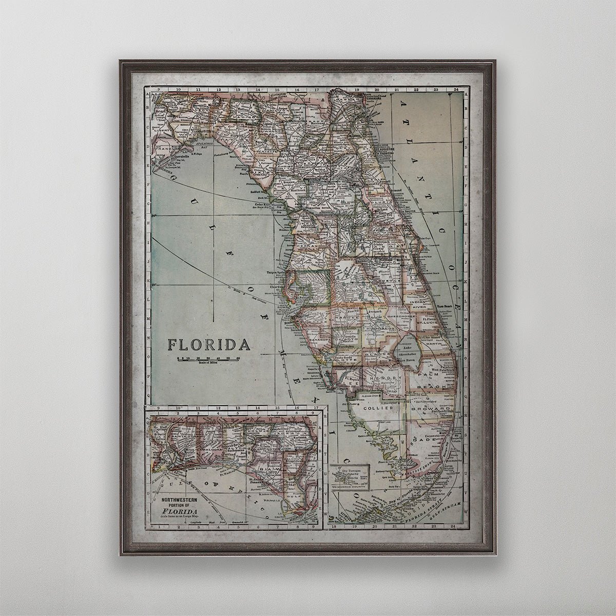 Old vintage historic map of Florida 20th century for wall art home decor. 