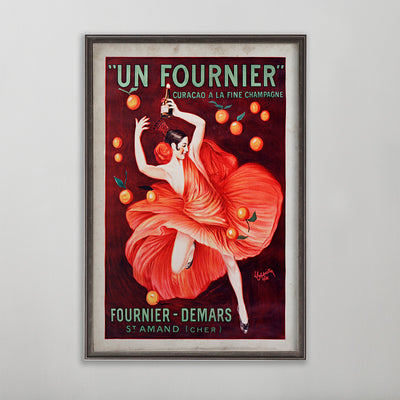 Un Fournier vintage poster wall art by leonetto cappiello. Woman wearing an orange dress with oranges around her.