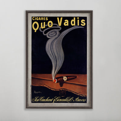 Cigares Quo Vadis poster wall art by leonetto cappiello. Cigar burning on edge of table.