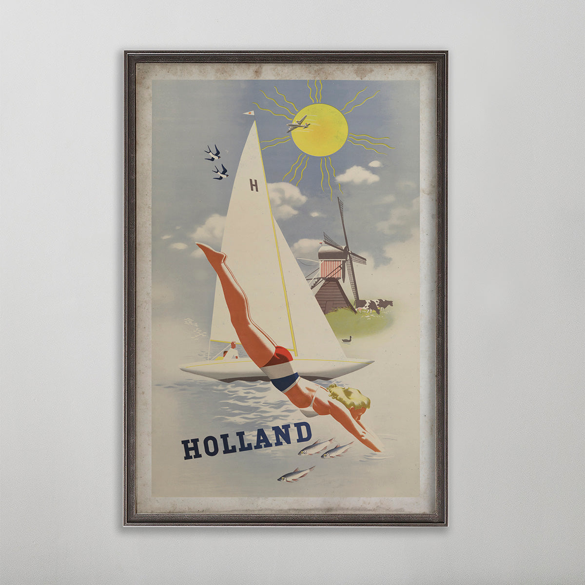 Holland vintage travel poster. Woman diving into lake with sailboat.