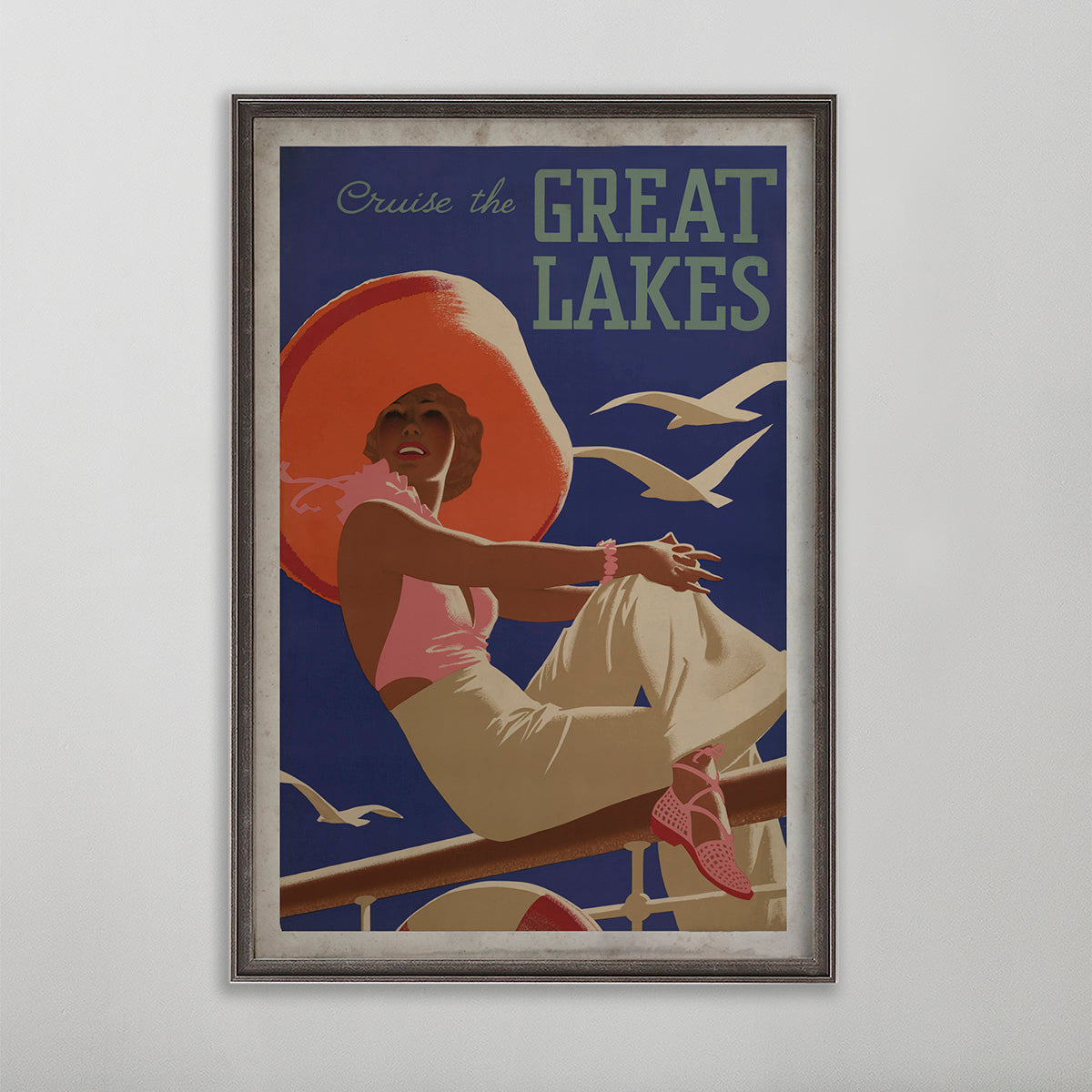 Great Lakes vintage travel poster. Woman on rail of boat with orange hat with seagulls. 