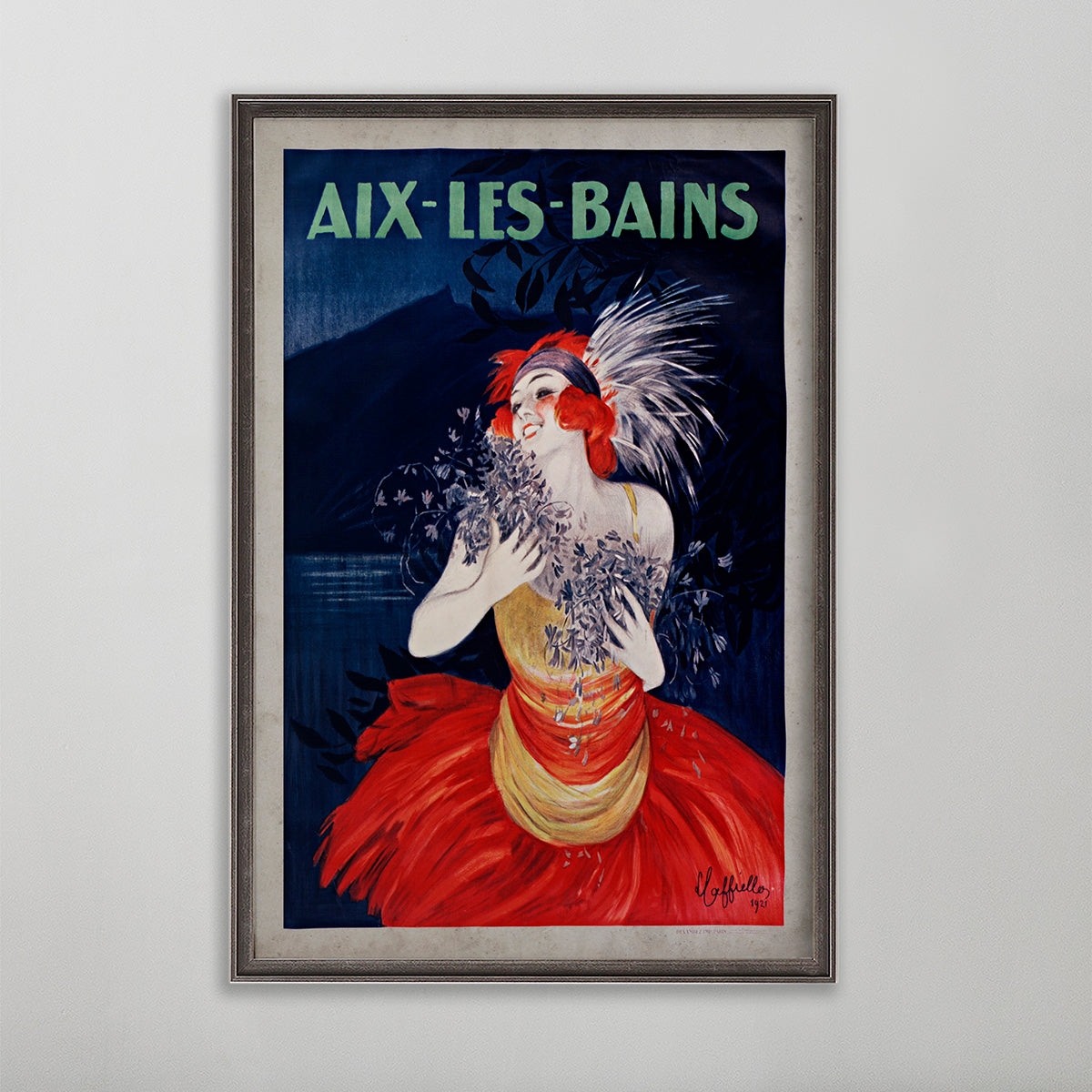 old poster advertisement art. aix les bains poster wall art by leonetto cappiello. Girl in red dress holding absinthe bottle on a poster vintage art.