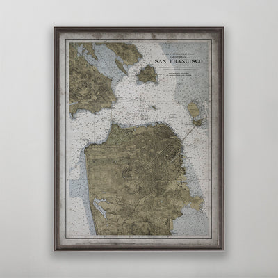 Old vintage historic nautical chart of San Francisco wall art home decor. 