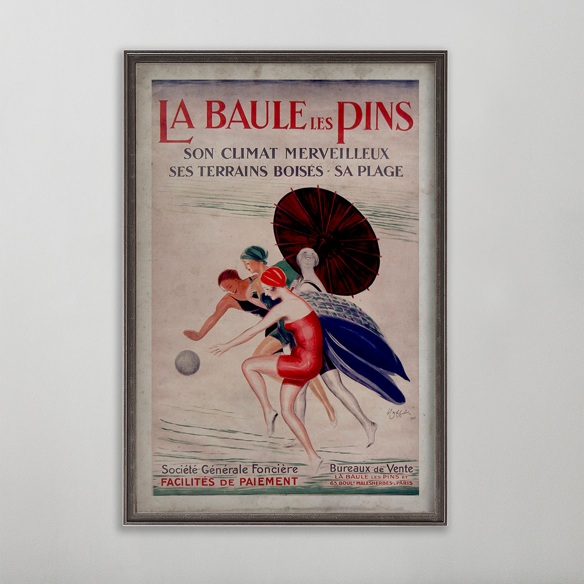La Baule Les Pins vintage poster wall art by leonetto cappiello Group of people chasing a ball.