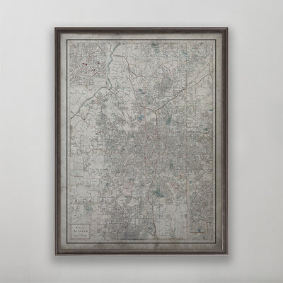 Old vintage historic map of Atlanta for wall art home decor. 