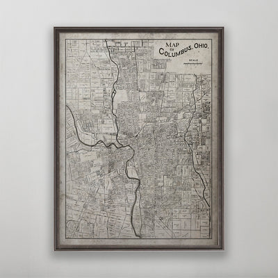 Old vintage historic map of Columbus, Ohio for wall art home decor. 