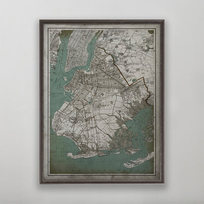 Old vintage historic map of Brooklyn for wall art home decor. 