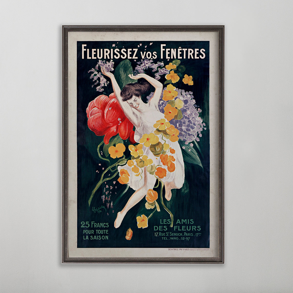 Fleurissez Vos Fenetres vintage poster wall art by leonetto cappiello. Woman surrounding by flowers.