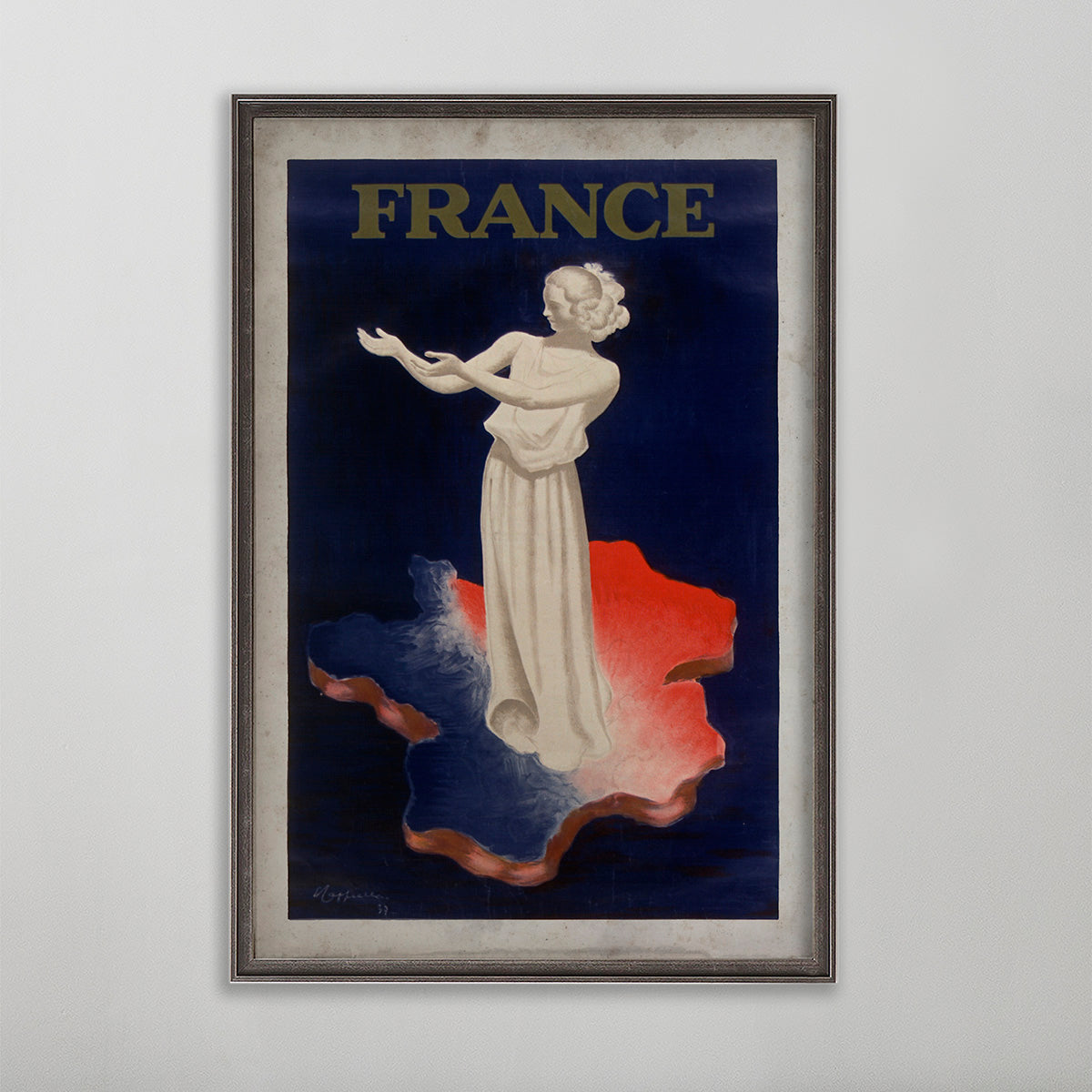 "France" French Olympics vintage poster wall art by leonetto cappiello. White statue of woman.