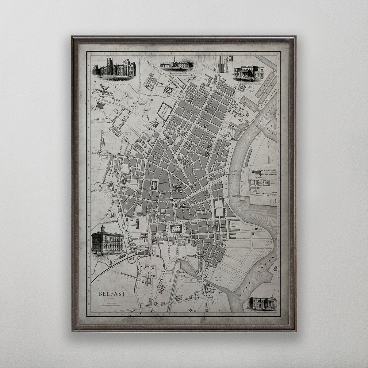 Old vintage historic map of Belfast for wall art home decor. 