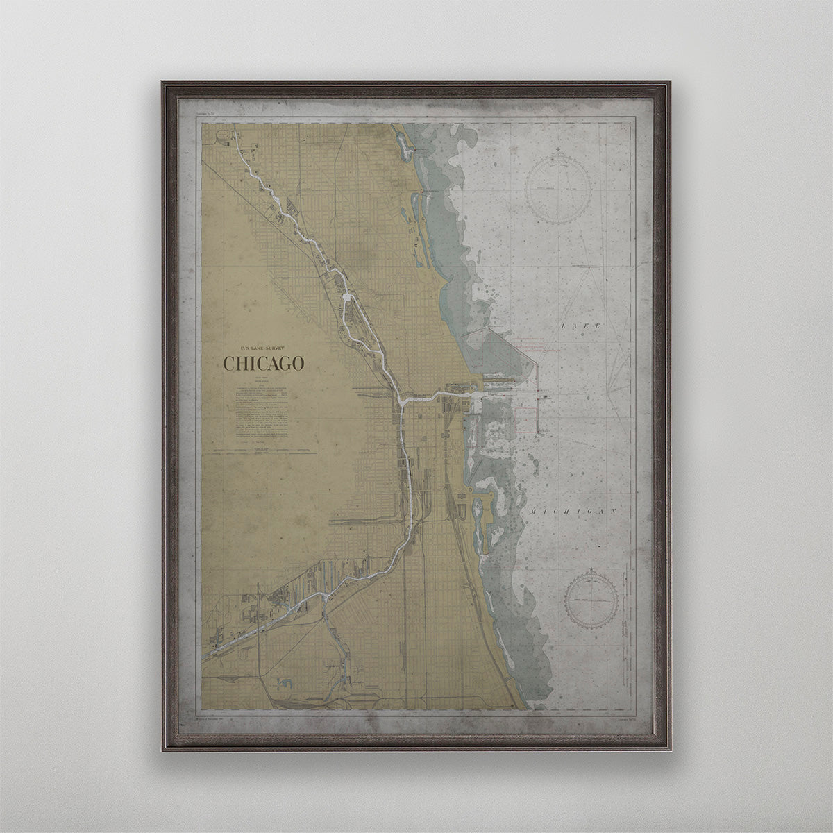 Old vintage historic nautical chart of Chicago, Illinois for wall art home decor. 