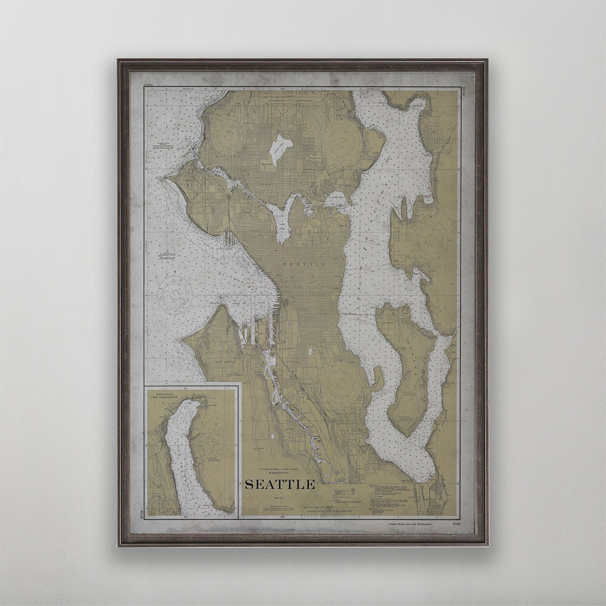 Old vintage historic nautical chart of Seattle wall art home decor. 