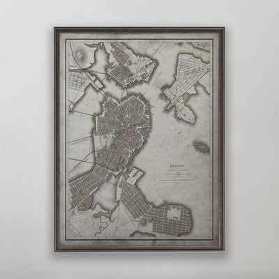 Old vintage historic map of Boston for wall art home decor. 