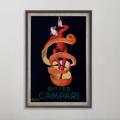 bitter campari vintage poster wall art, Leonetto Cappiello. Clown holding bottle with orange peel.  Shop vintage wall art.