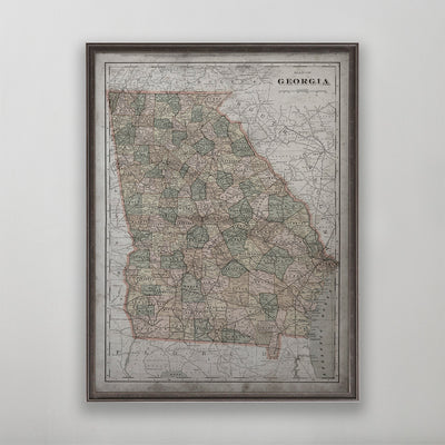 Old vintage historic map of Georgia for wall art home decor. 