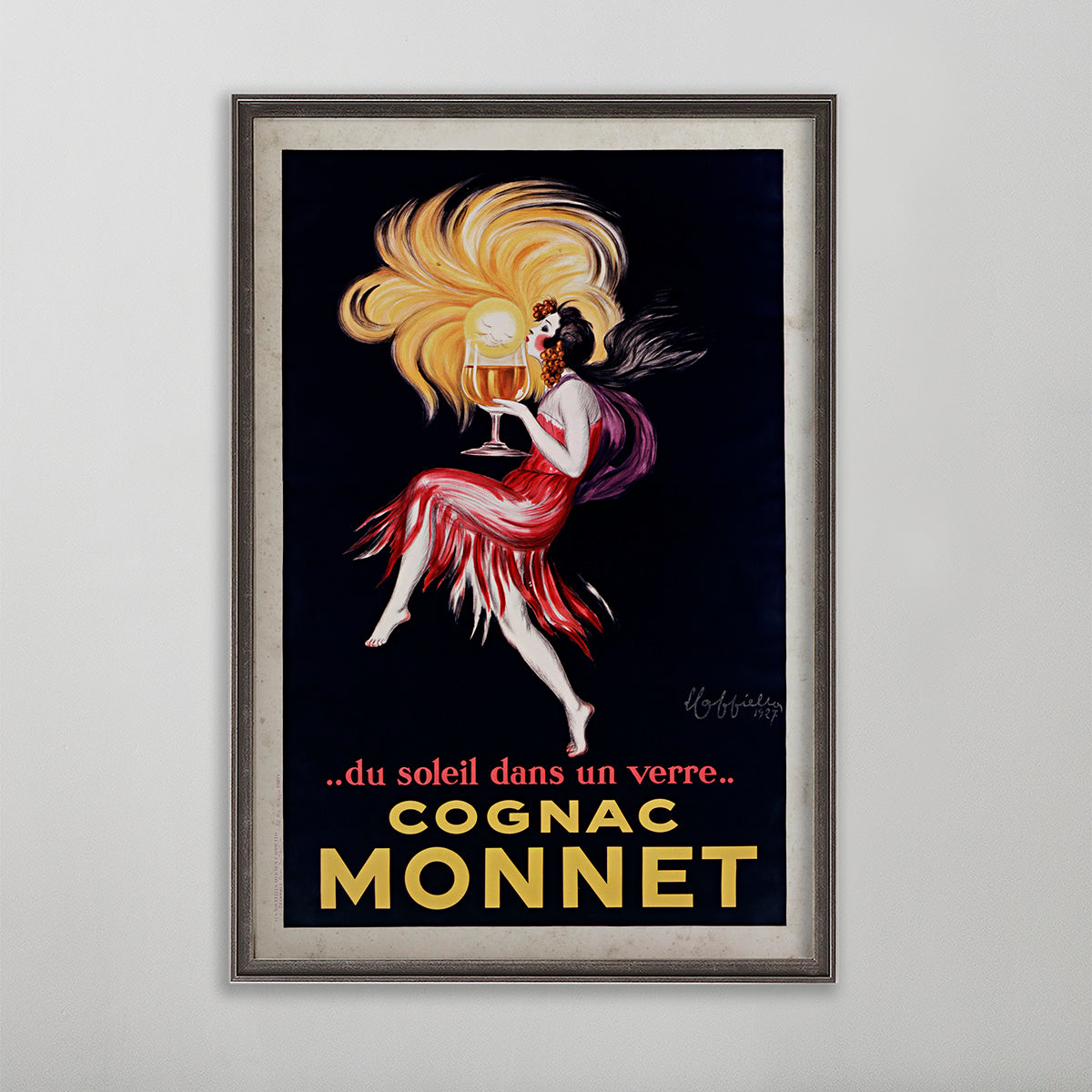 Cognac Monnet vintage poster wall art by leonetto cappiello. Girl with red dress holding drink with sun behind her.