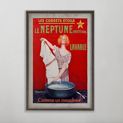 Les Corsets Étoile Le Neptune vintage poster wall art by leonetto cappiello. Woman holding a corset.