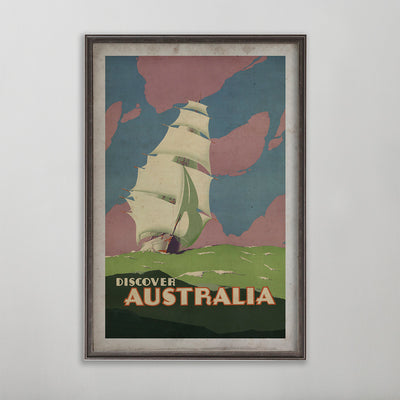 Vintage Australia travel poster wall art, a boat on stormy seas. Discover Australia. Shop archive print co.