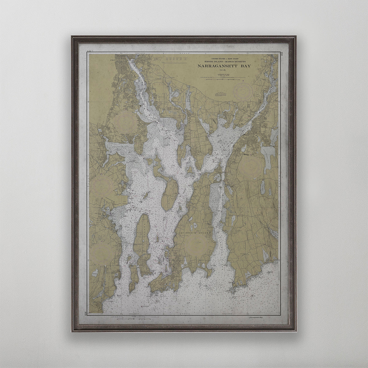 Old vintage historic nautical chart of Narragansett Bay, Rhode Island wall art home decor. 