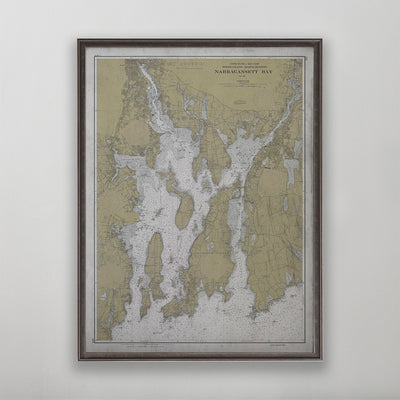 Old vintage historic nautical chart of Narragansett Bay, Rhode Island wall art home decor. 