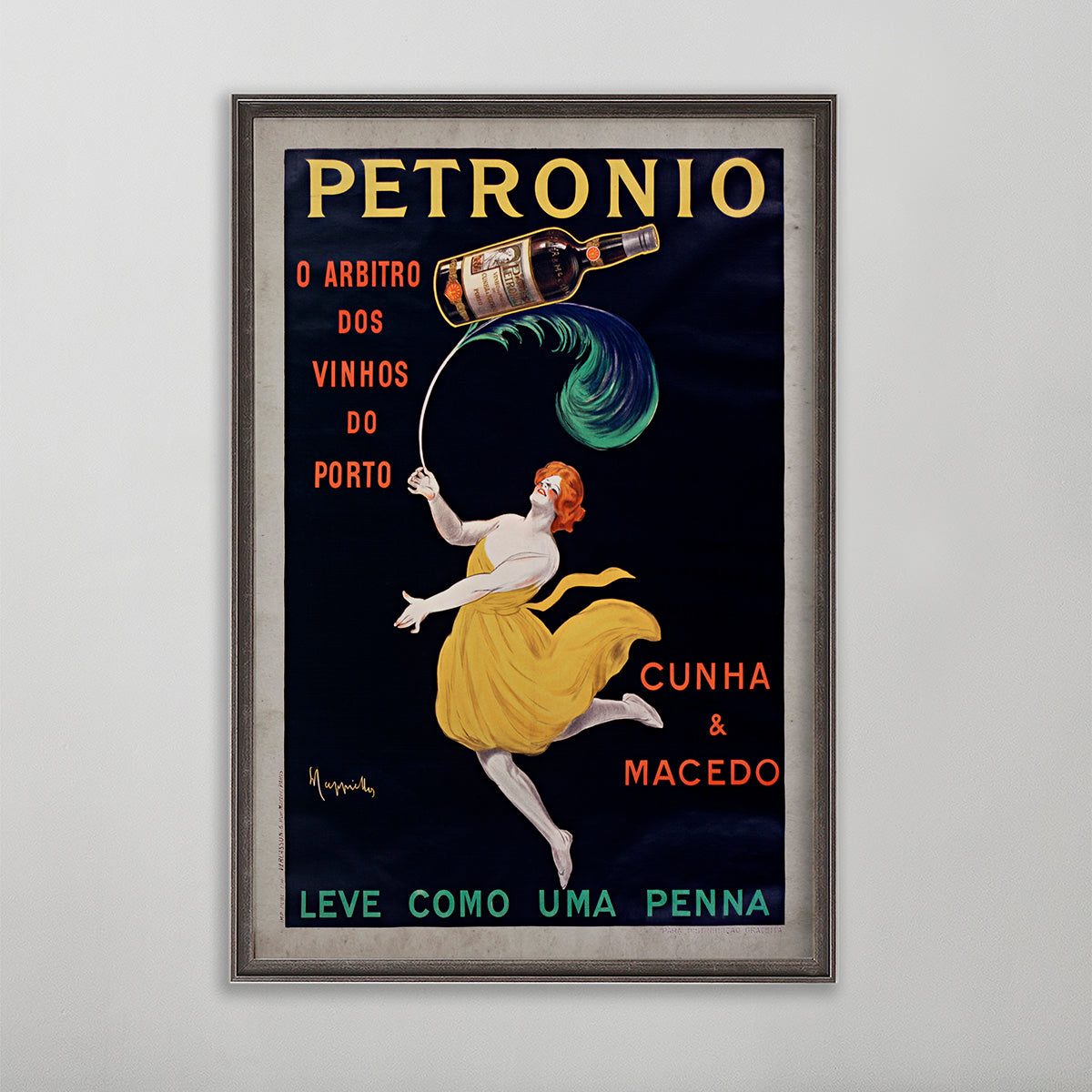 Leve Como Uma Penna, Petronio. Vintage poster wall art by leonetto cappiello. Woman wearing yellow dress holding a feather.