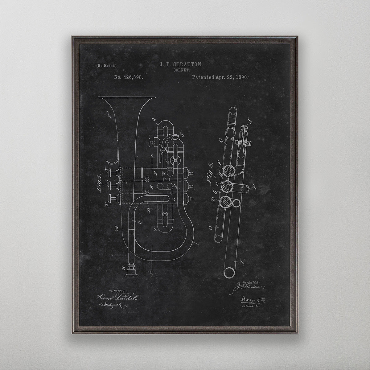 Old vintage cornet horn patent for wall art home decor. 