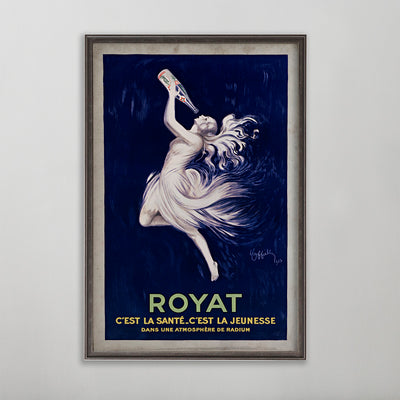 Royat C'est La Sante vintage poster wall art by leonetto cappiello. Woman in all white holding bottle over mouth.