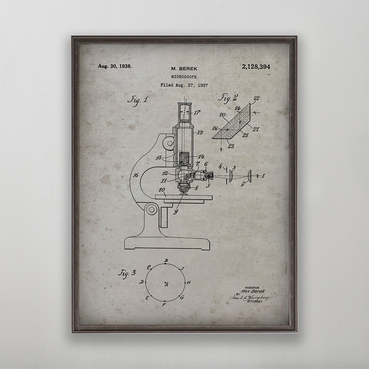 Old microscope patent print art for wall art home decor. 