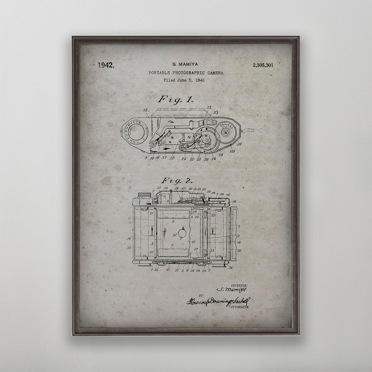 Old vintage Mamiya Photographic Camera Patent print art for wall art home decor. 