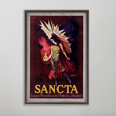 Sancta vintage poster wall art by leonetto cappiello. Mystical looking woman holding bottle in right hand. 