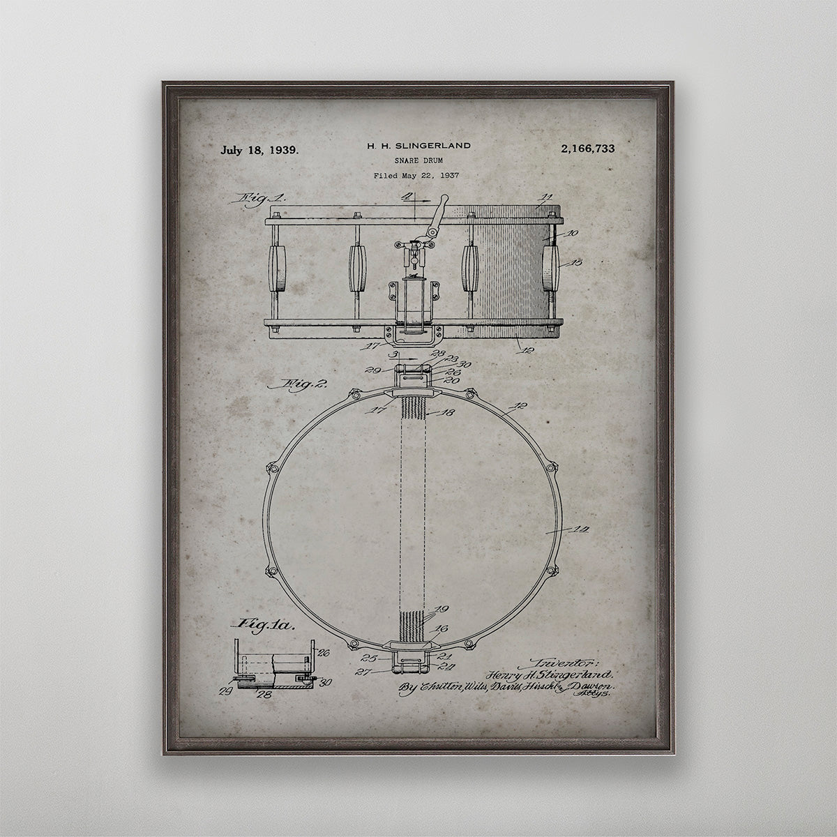 Old Snare Drum Patent Slingerland patent poster print art for wall art home decor. 